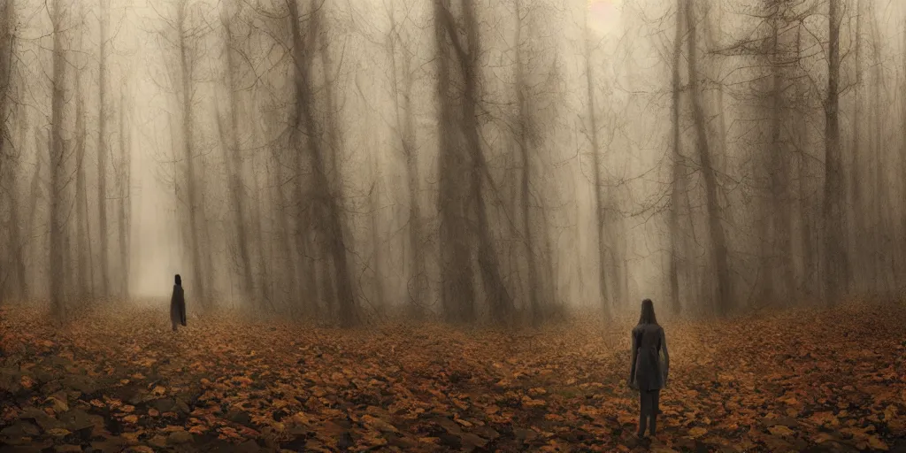 Image similar to a girl in an autumn forest, by Aron Wiesenfeld, wolf, cinematic, detailed illustration, nature, fog, dark colors, suspense, intricate, 8k