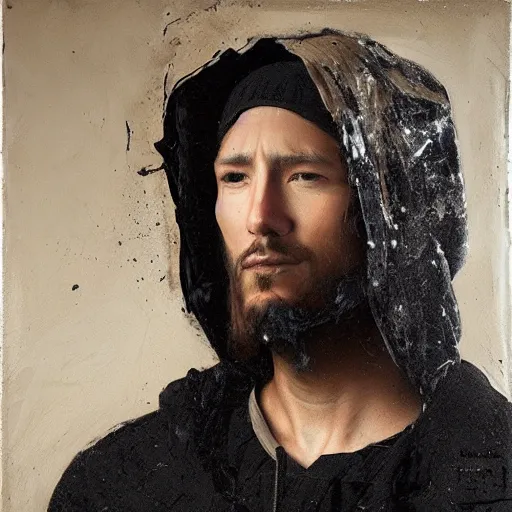 Prompt: a face portrait of modern - day jesus wearing hat and hoodie by nicola samori, hat and hoodie, detailed, oil painting, hyper - realistic, 8 k, yeezy collection