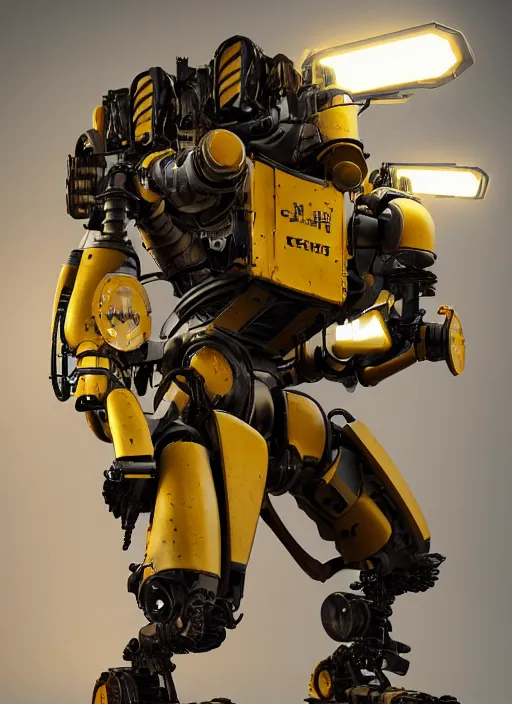 Image similar to a photorealistic dramatic hyperrealistic render of a futuristic exosuit power loader heavy machinery, ultra realistic details, glossy yellow, well worn, rust, oil stains by vitaly bulgarov and mike nash, beautiful dramatic dark moody tones and lighting, cinematic atmosphere, studio lighting, global illumination, shadows, dark background, octane render, 8 k