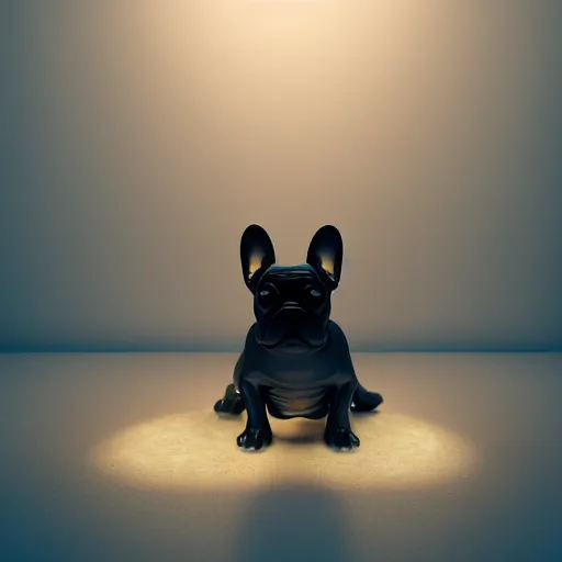 Image similar to quartz crystal carved into the shape of a french bulldog, photo realistic, dramatic cinematic lighting, octane render, 4 k, ultra detailed