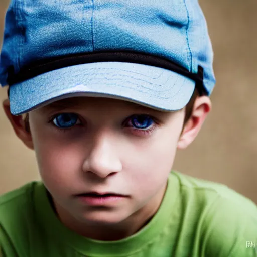 Prompt: a detailed portrait of a boy with light blue eyeswearing a black cap, realistic and detailed eyes, intricate photo, incredibly highly detailed and realistic, 8 k, sharp focus