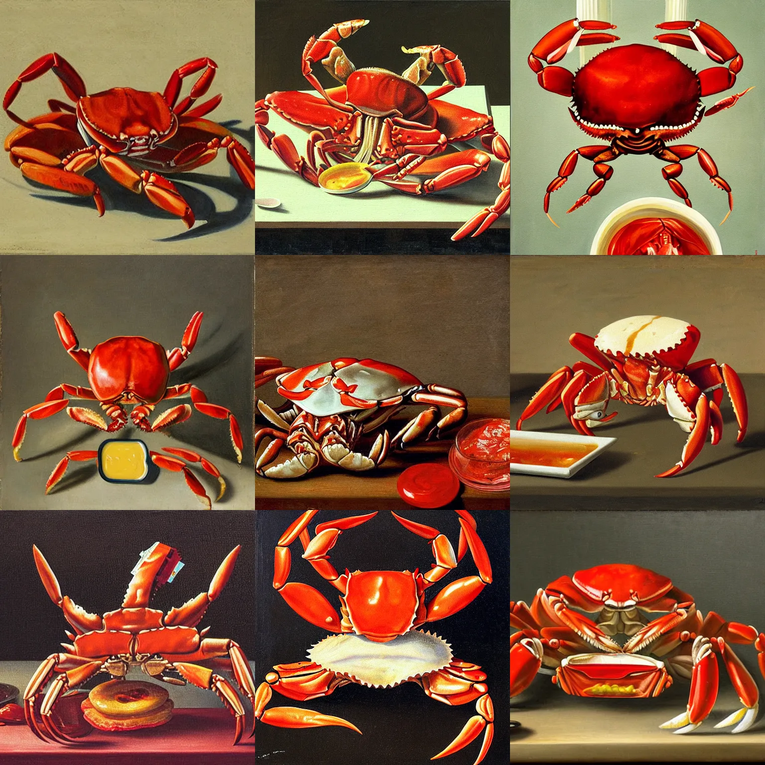 Prompt: dutch master painting of a muscular crab holding ketchup packets in his claws