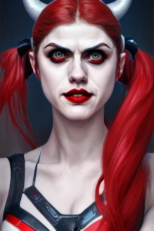 Prompt: alexandra daddario as harley quinn, realistic portrait, symmetrical, highly detailed, digital painting, artstation, concept art, smooth, sharp focus, illustration, cinematic lighting, art by artgerm and greg rutkowski and alphonse mucha