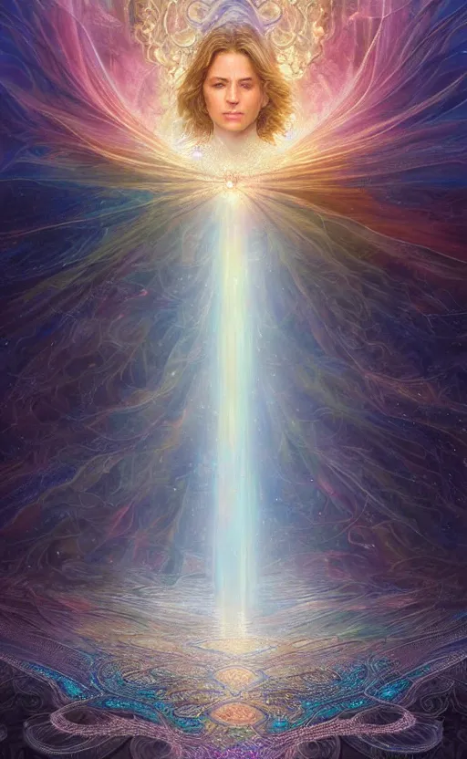 Image similar to peaceful uncertainty of saying goodbye, crossing over the spiritual veil to heaven, sharp focus, intricate, elegant, digital painting, artstation, matte, highly detailed, concept art, illustration, volumetric lighting, gold and blue and pink color scheme, bokeh light, art by greg olsen and liz lemon swindle