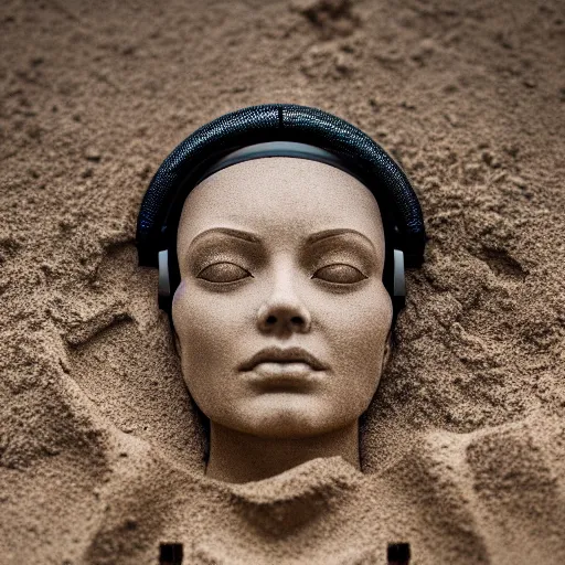 Image similar to the head of a marble cybernetic lady justice statue wearing a virtual reality headset on ground covered in sand, cyberpunk background, highly detailed, epic lighting, hyper photorealism, 8 k