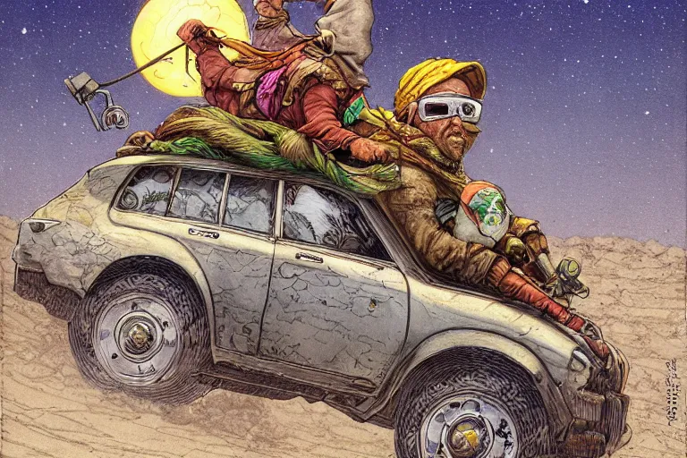 Image similar to a highly detailed garden gnome wearing goggles and head scarf hanging off the back of a car in full speed, wasteland, wide angle, an ultrafine detailed painting by p. craig russell and barry windsor - smith, trending on deviantart, octane, masterpiece