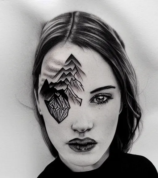 Image similar to double exposure of a hyper realistic mountain scenery with a beautiful woman face, tattoo design sketch, in the style of matteo pasqualin, hyper - realistic, amazing detail, black and white