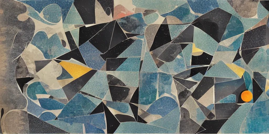 Image similar to A collage of a river reaching to the moon, mid-century modern, made of random shapes cut from magazines
