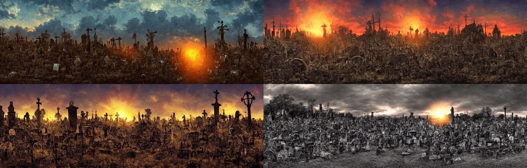 Prompt: souls graveyard with backlight , sunset , big sun on right , moody panorama by frazetta