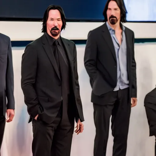 Prompt: several keanu reeves standing next to each other in a row, highly detailed, extremely high quality, hd, 4 k, 8 k, professional photographer, 4 0 mp, lifelike, top - rated, award winning, realistic, detailed lighting, detailed shadows, sharp, no blur, edited, corrected, trending