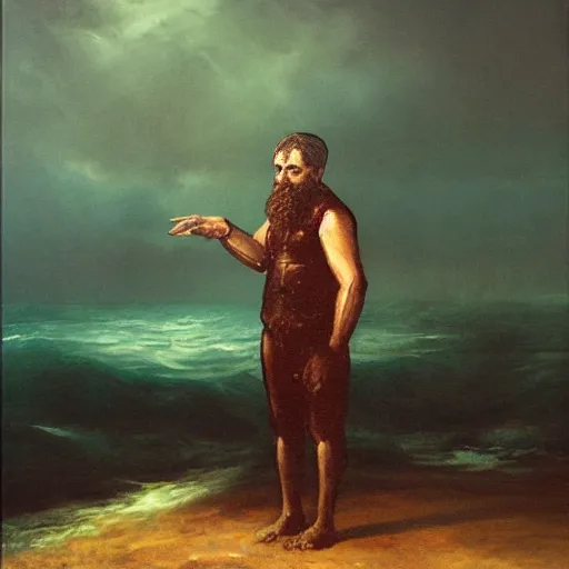 Prompt: ominous man standing at the bottom of the ocean, oil painting, brush strokes, highly ornate intricate detail, gloomy mood,