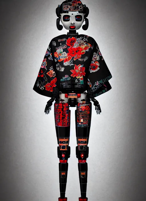 Prompt: full body photo of an punk geisha robot with kanji tattoos and decals wearing a digital pixelated kimono, intricate design, photo - realistic, octane render, dark colour palette, ultra fine detailed, character design, trending on artstation