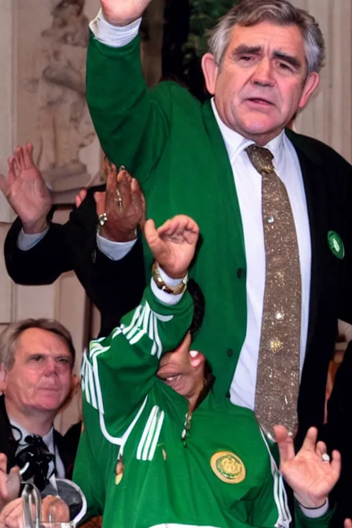 Prompt: gordon brown, dark black hair, wearing a green umbro tracksuit and gold necklace star shaped medallion, hands raised in the air,