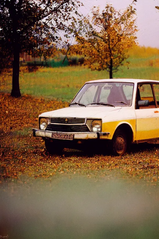 Image similar to a lomographic photo of old lada 2 1 0 7 standing in typical soviet yard in small town, autumn, cinestill, bokeh