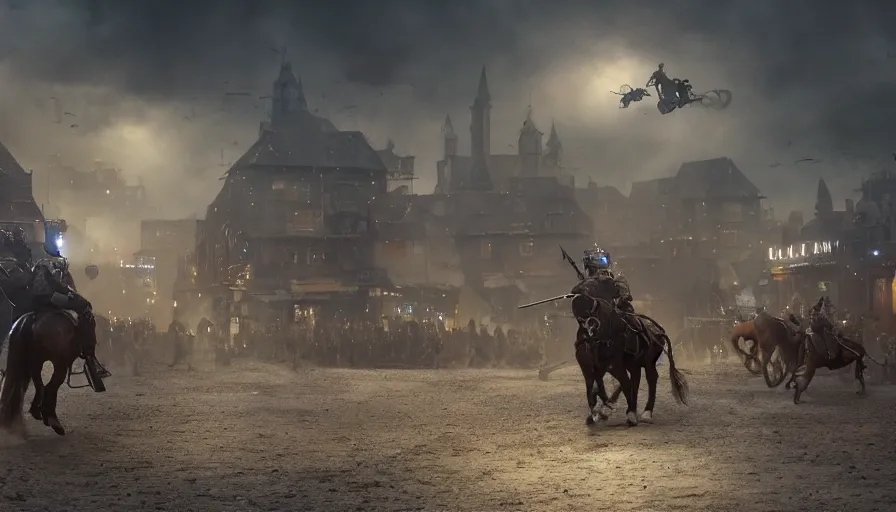 Prompt: police riding a mechanical horse through an orwellian town, troops searching the area, furious action scene, an epic fantasy, dramatic lighting, cinematic, establishing shot, extremely high detail, photorealistic, cinematic lighting, artstation, octane render, by Christopher Nolan, horizon forbidden west