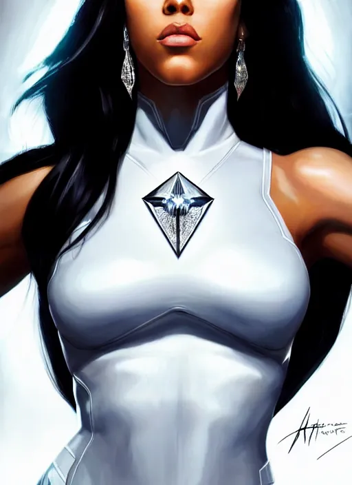 Image similar to full body portrait of marvel cinematic universe aaliyah haughton, x - men, emma frost, elegant, diamonds!! super hero, white outfit, diamond skin, highly detailed!! digital painting, artstation, glamor pose, concept art, sharp focus, illustration, art by artgerm and greg rutkowski, artey freytag