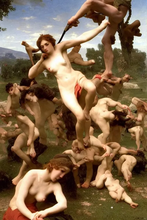 Image similar to battling Spartans against sheep in the style of  William Adolphe Bouguereau
