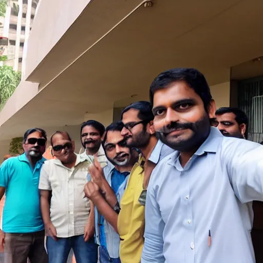 Prompt: selfie taken by an Indian man with his other Indian employees at an office building, wide angle photo