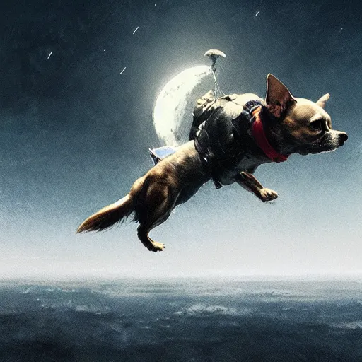 Image similar to chihuahua flying to the moon, dramatic lighting, illustration by greg rutkowski, yoji shinkawa, 4 k, digital art, concept art, trending on artstation