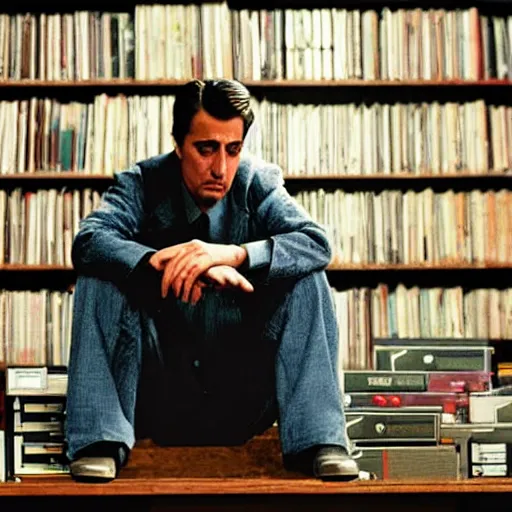 Image similar to michael corleone, dejected, sitting on a pile of xbox consoles, in front of a shelf of video game cd