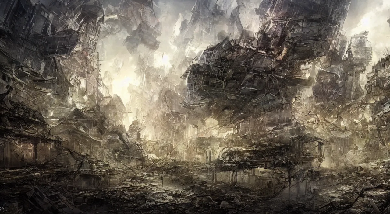 Image similar to damaged city, high - tech, concept art, forest, tornado, war,, high resolution, evil