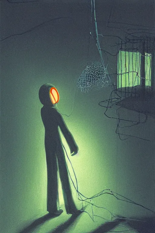 Image similar to mosquito plotting a plan on a bug net at night, with a dramtic lighting, painted by Dean Ellis