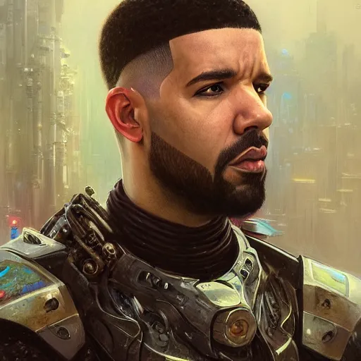 Prompt: drake as a realistic cyberpunk knight, closeup portrait art by donato giancola and greg rutkowski, realistic face, digital art, trending on artstation, symmetry!!