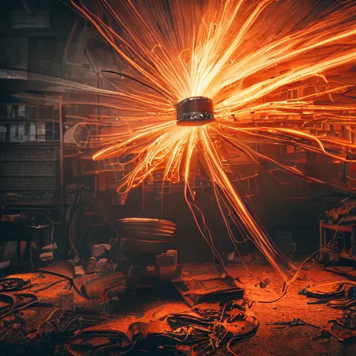 Prompt: red hot frying pan with bacon, tangles of metallic cables, dark messy smoke - filled cluttered workshop, dark, dramatic lighting, orange tint, sparks, plasma charges, cinematic, highly detailed, sci - fi, futuristic, movie still