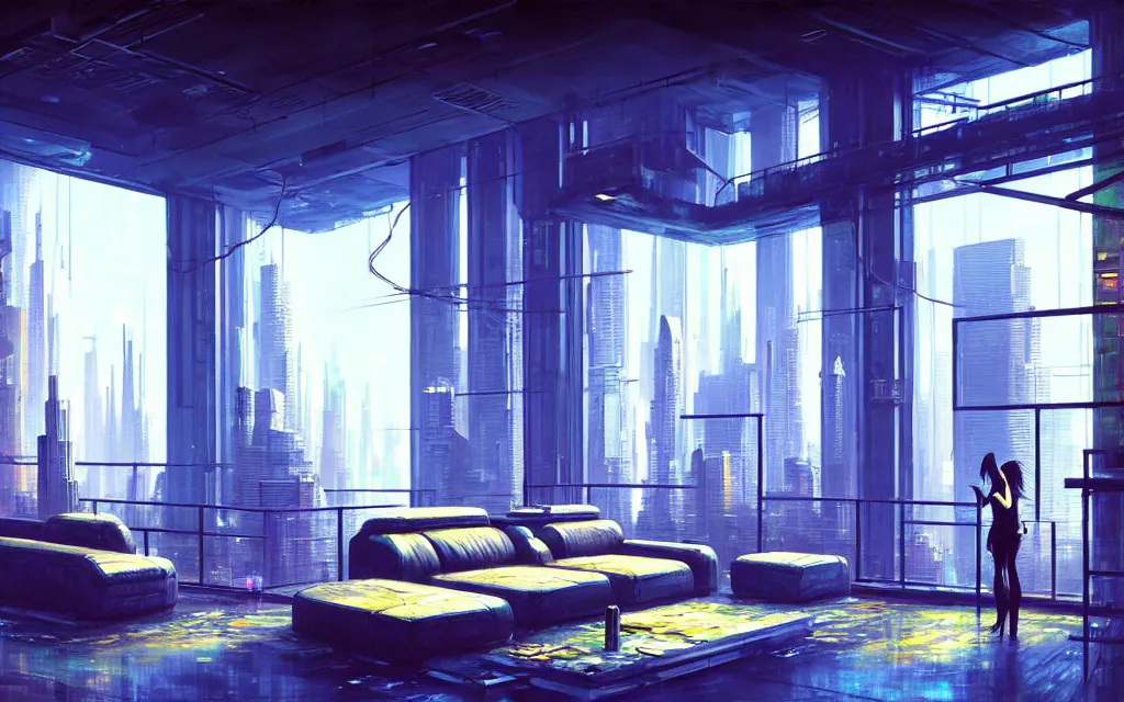 Image similar to cyberpunk loft lounge with tall windows, no people, city in background, drawn by feng zhu, sparse plants, dim painterly lighting volumetric aquatics, impasto