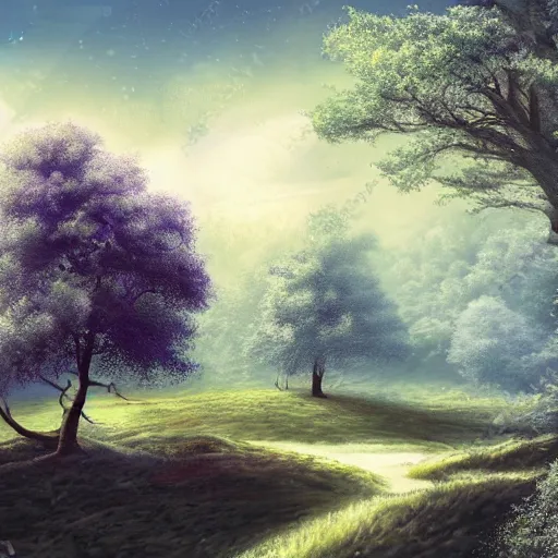 Image similar to a fantasy landscape with white beautiful trees