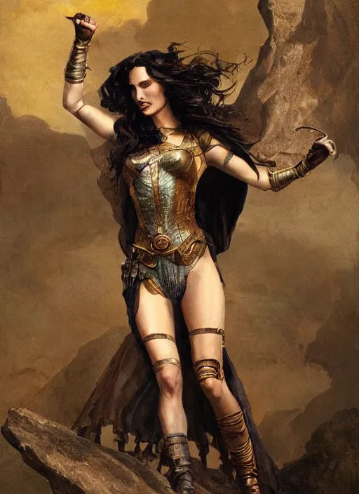 Image similar to highly detailed steampunk gal gadot standing on a boulder : leonardo da vinci, greg rutkowski, magali villeneuve