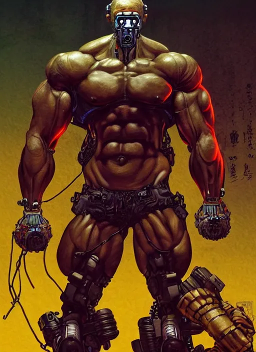 Prompt: Full body portrait of an extremely muscular, very buff, huge mutant man with a creepy cybernetic mask. He Is wearing only a loincloth. In style of Yoji Shinkawa and Hyung-tae Kim, trending on ArtStation, dark fantasy, great composition, concept art, highly detailed. Colourful.