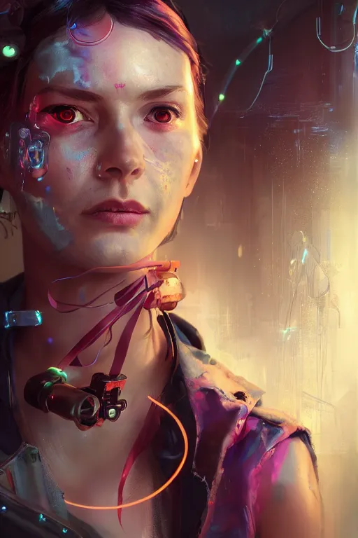 Image similar to A cyberpunk female heroine character portrait with a facial rash, prosthetic arm, and flowing ribbons of light pouring into her, cinematic lighting, hyper-detailed, cgsociety, 8k, high resolution, in the style of Charlie Bowater, Tom Bagshaw, Alexis Franklin, Elena Masci, Pawel Rebisz