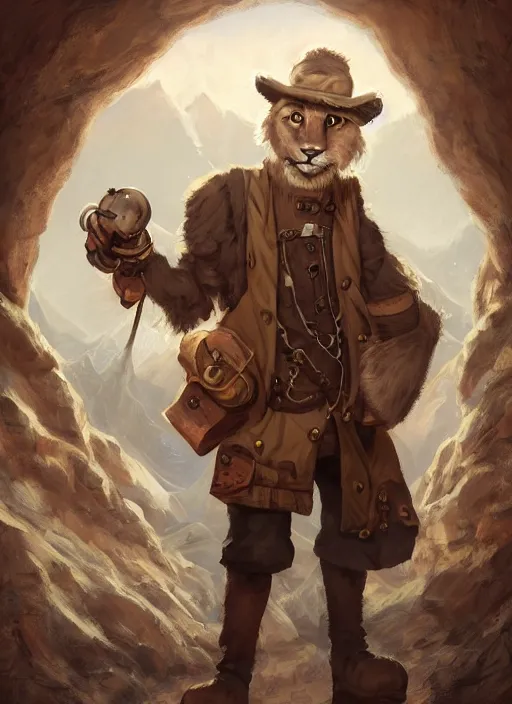 Image similar to fursona commission of a anthro albino mountain lion wearing old-timey miner's clothes. pretty, beautiful, DnD character art portrait, matte fantasy painting. Desert mining town. DeviantArt Artstation, by Jason Felix by Steve Argyle by Tyler Jacobson by Peter Mohrbacher, cinematic lighting