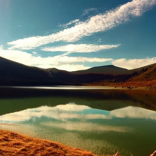 Image similar to lake with water like yellowed parchment and stepped on by a muddy frost giant