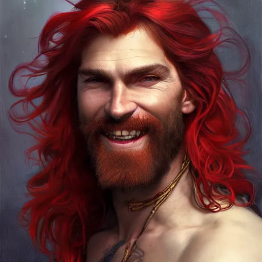 Image similar to portrait of a young ruggedly handsome but joyful pirate, male, masculine, upper body, red crimson crimson hair, long flowing hair, fantasy, smug smirk, intricate, elegant, highly detailed, digital painting, artstation, concept art, matte, sharp focus, illustration, art by artgerm and greg rutkowski and alphonse mucha