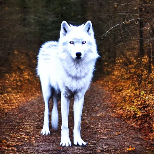 Image similar to white wolf with blue eyes stands in a dormant autumn forest, no yellow color in eyes, no yellow color, realistic