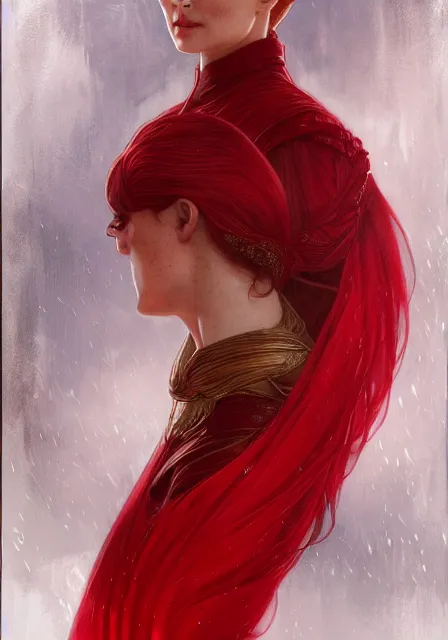 Image similar to portrait of sansa stark in red, intricate, elegant, highly detailed, digital painting, artstation, concept art, smooth, sharp focus, illustration, art by artgerm and greg rutkowski and alphonse mucha and william - adolphe bouguereau