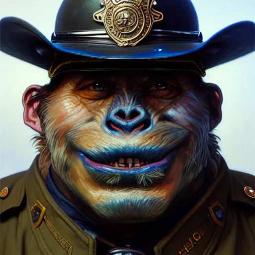 Prompt: portrait painting of a friendly bugbear police officer, d & d, ultra realistic, concept art, intricate details, eerie, highly detailed, photorealistic, octane render, 8 k, unreal engine. art by artgerm and greg rutkowski and magali villeneuve and alphonse mucha