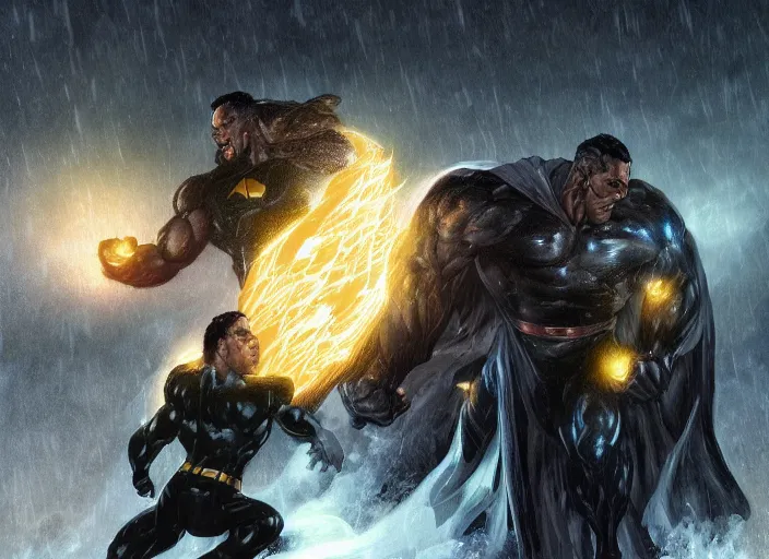 Image similar to giant black adam attacking the xmen during a blizzard, highly detailed, digital illustration, artstation, concept art, matte, sharp focus, illustration, dramatic, full moon, art by artgerm and greg rutkowski and alphonse mucha