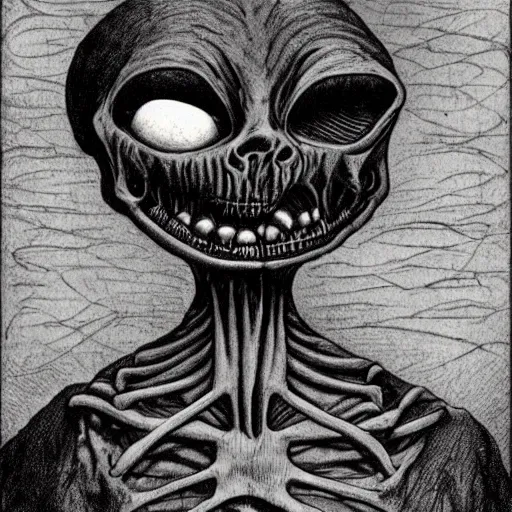 Image similar to humanoid with crooked teeth, black eyes, gaping mouth, alien looking, big forehead, horrifying, killer, creepy, dead, monster, tall, skinny, open mouth, skullish, deathly, in the style of alfred kubin