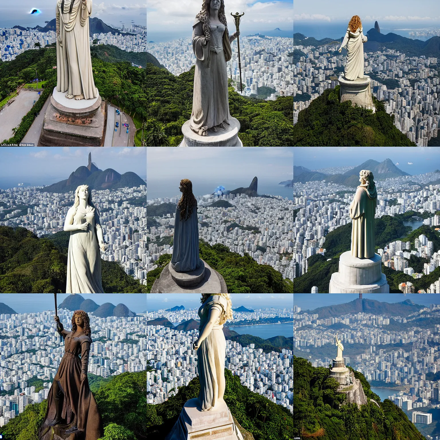 Prompt: Giant 30-metre tall marble statue of Hermione Granger, standing on the peak of Corcovado mountain, overlooking the city of Rio de Janeiro