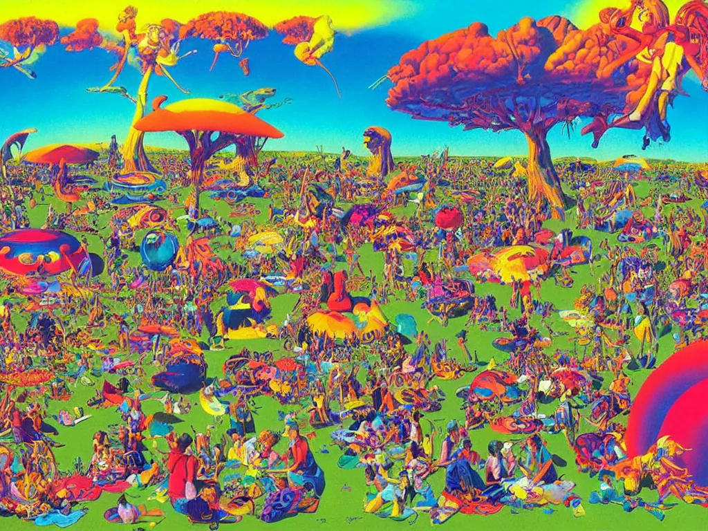 Prompt: a beautiful view of a groovypunk gathering in a public park, art by ron walotsky and peter max and roger dean