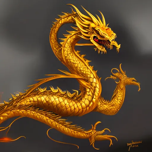 Image similar to golden dragon concept art, digital painting, trending on artstation deviantart, 8K UHD, fantasy