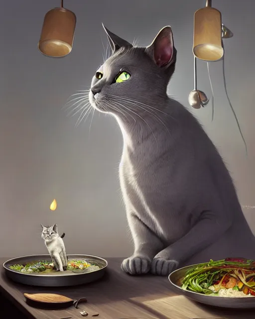 Image similar to highly detailed surreal vfx portrait of a grey cat with chefs hat on cooking a meal, stephen bliss, unreal engine, greg rutkowski, loish, rhads, beeple, makoto shinkai and lois van baarle, ilya kuvshinov, rossdraws, tom bagshaw, alphonse mucha, global illumination, detailed and intricate environment