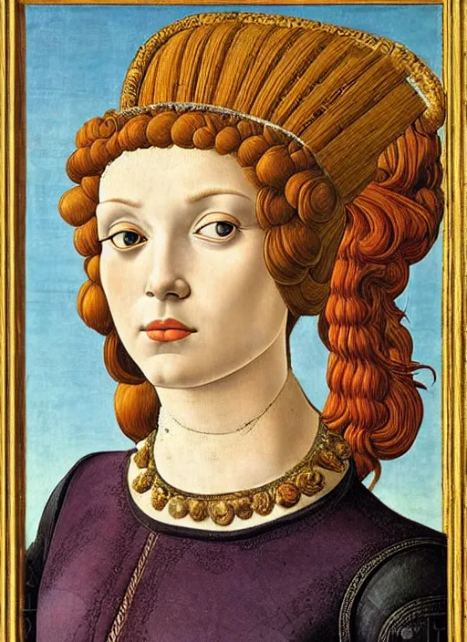 Image similar to portrait of young woman in renaissance dress and renaissance headdress, art by sandro botticelli