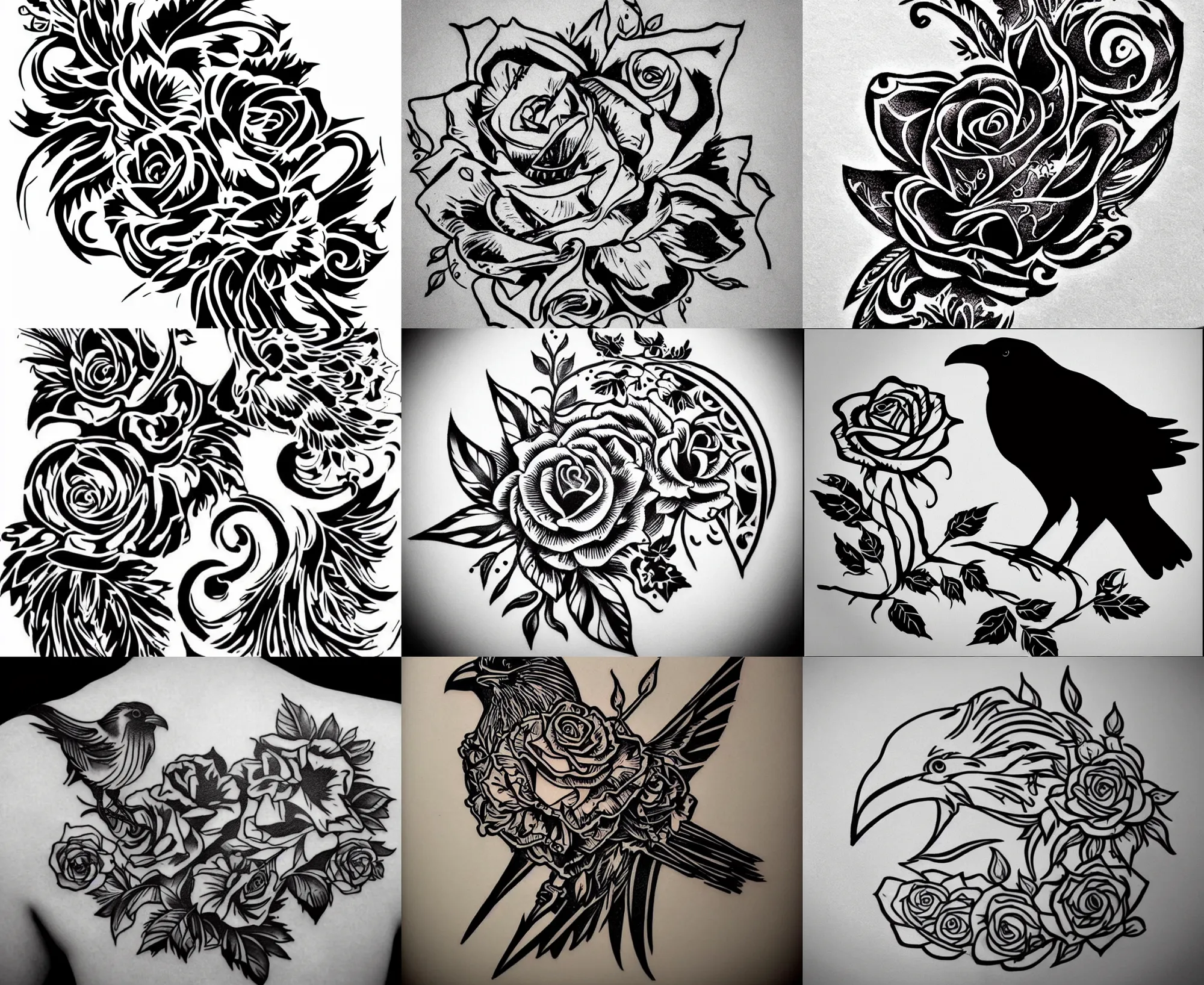 Prompt: Tattoo Stencil stylized crow rose Raven, bold strong lines very highly aesthetic