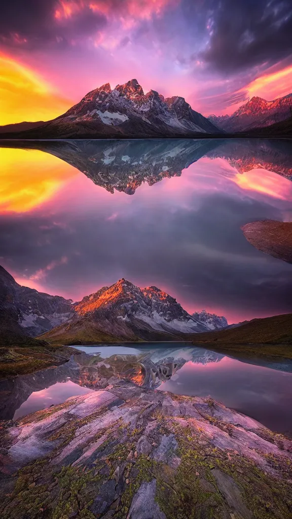 Image similar to amazing landscape photo of mountains with lake in sunset by marc adamus, beautiful dramatic lighting