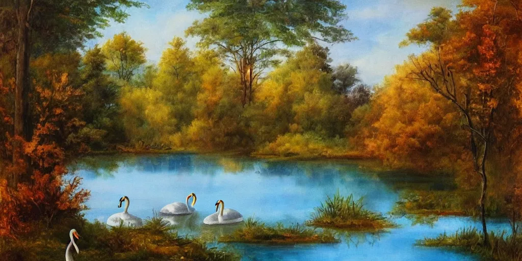 Image similar to painting of a small lake with two swans in it, in a forest, blue water, stunning colors, fairytale