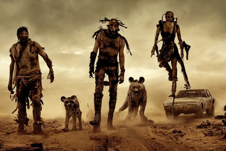 Prompt: a film still from the movie mad max fury road of the anthropomorphic anthro hyena crocuta raiders wearing scavenger clothes standing in the post apocalyptic wasteland